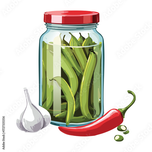 Glass Jar Filled with Canned Green Beans, Surrounded by Fresh Garlic and a Red Chili Pepper for Flavor - Vector Illustration	
