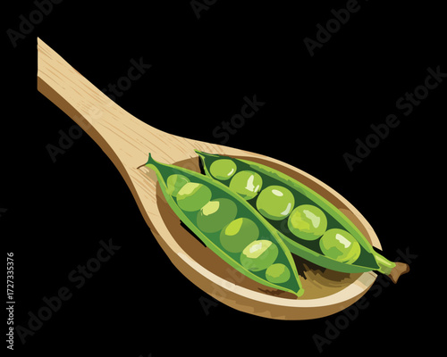 Close-Up of Two Bright Green Pea Pods Resting on a Wooden Spoon, Highlighting Freshness and Texture - Vector Illustration	