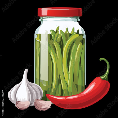 Preserved Green Beans in a Glass Jar with Garlic Cloves and Red Chili Peppers for Pickling - Vector Illustration	