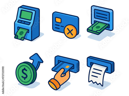 isometric atm transaction icons ,cash withdraw, card decline, fee, insert, receipt