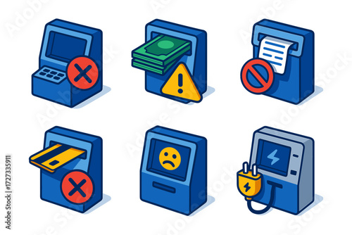 isometric atm error and outage icons , declined, jam, out of service, unplugged