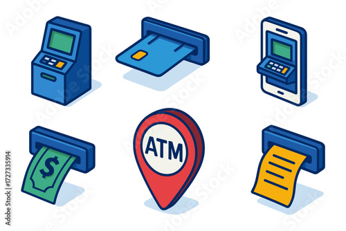 isometric atm usage icons , insert card, cash out, mobile atm, receipt