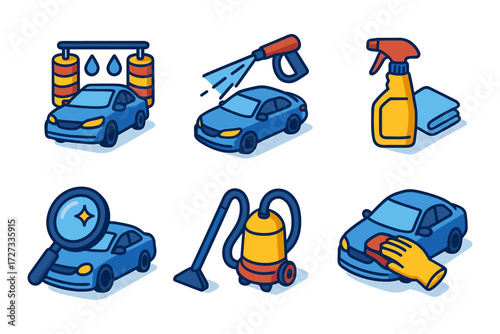 isometric car wash service icons ,wash, rinse, detailing, vacuum, inspection