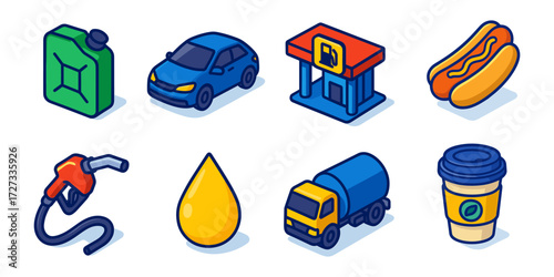isometric gas station icons , jerrycan, car, store, hot dog, fuel nozzle, oil drop, tanker, coffee cup