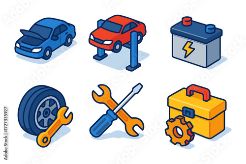 isometric auto repair icons , car on lift, sedan, battery, tire, wrenches, toolbox