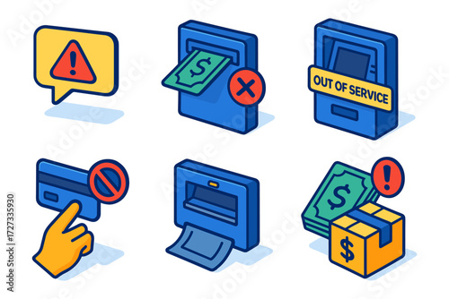 isometric ATM problem icons ,warning, cash eject with cross, out of service, card decline, printer, money issue