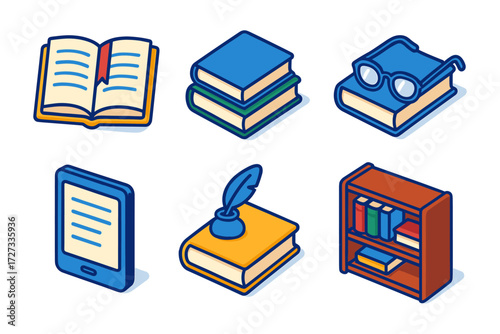 isometric library icons , open book, stacked books, glasses book, e-reader, ink quill, bookshelf