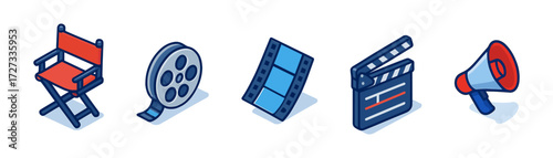 isometric filmmaking icons ,director chair, film reel, film strip, clapperboard, megaphone