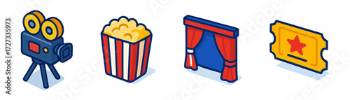 isometric cinema icons , movie camera, popcorn, stage curtain, ticket
