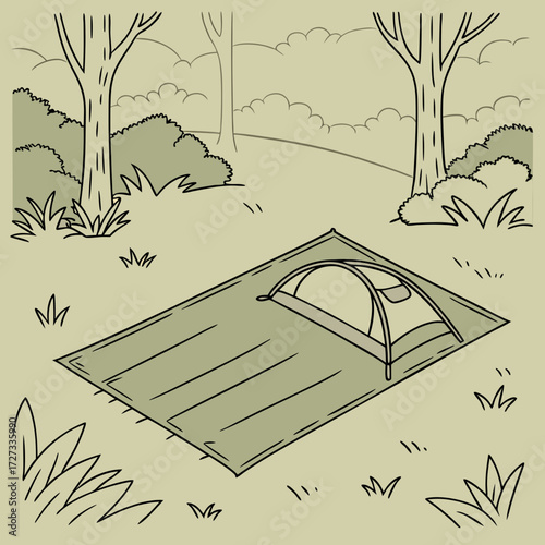 Green Tent Setup on a Groundsheet in a Forest