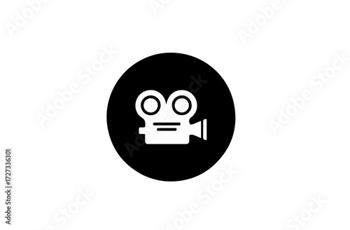 Simple Vector Icon of a Vintage Film Camera in a Solid Black Circle, Symbolizing Filmmaking and Videography.