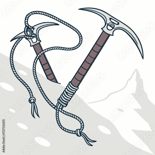 Ice Axes and Rope on Snowy Mountain Peak