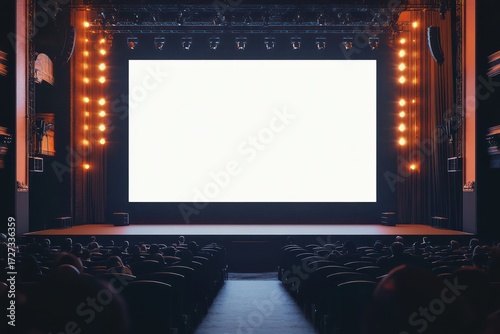 Conference stage with big blank screen mockup
