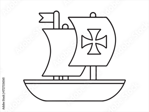 This is a simple black and white line drawing of a sailing ship, likely a caravel. It features a prominent sail adorned with a cross symbol, and a smaller sail with a flag at its peak. The ship's hull