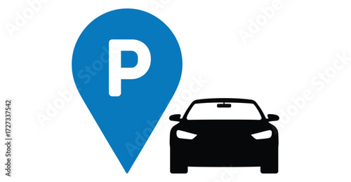 Blue map pin with white “P” next to black car silhouette, symbolizing parking location, availability, and navigation for signage and apps