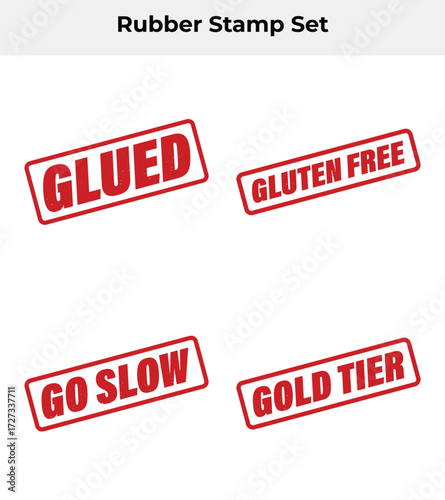 Red Rubber Stamp Set Glued, Gluten Free, Go Slow, Gold Tier on White Background
