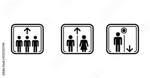 Elevator icons showing upward and downward movement with single, pair, and group figures for occupancy, direction, and building signage