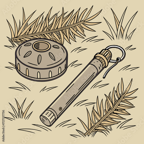 Military Explosive Device Illustration with Beige Background