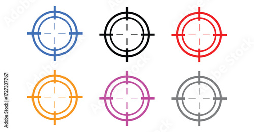 Multicolor concentric target icons with crosshairs in blue, black, red, orange, pink, and gray for aim, focus, and UI design elements