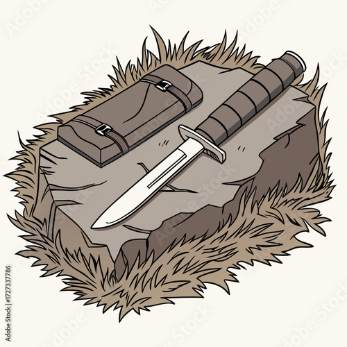 Military Knife and Sheath on a Rock Surrounded by Grass