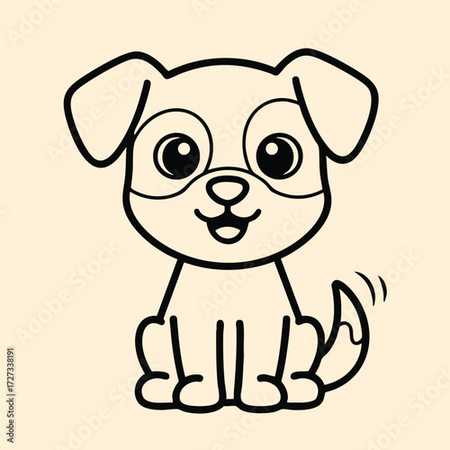 A cheerful cartoon dog with big eyes and a wagging tail, exuding joy and playfulness in a simple design.