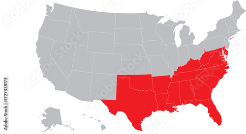 The Southern States Highlighted on the USA Map
