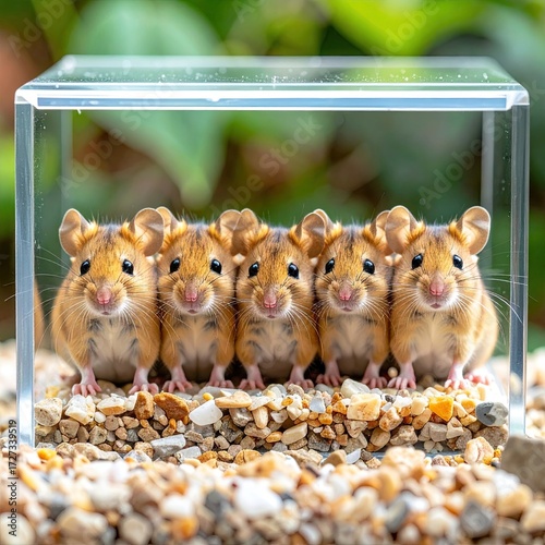 Five adorable small rodents lined up in a clear box on gravel looking forward.
