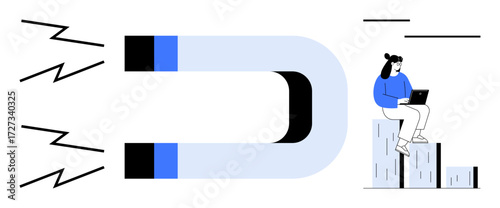 Large magnet pulling abstract lines toward it with a person using a laptop on stacked bars. Ideal for attraction, marketing, business growth, digital strategy, team planning, goal setting, simple