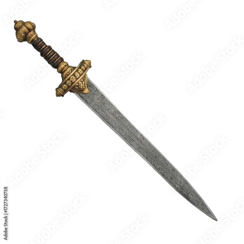 An ornate ancient roman gladius sword with a decorative hilt and engraved blade, isolated on a transparent background