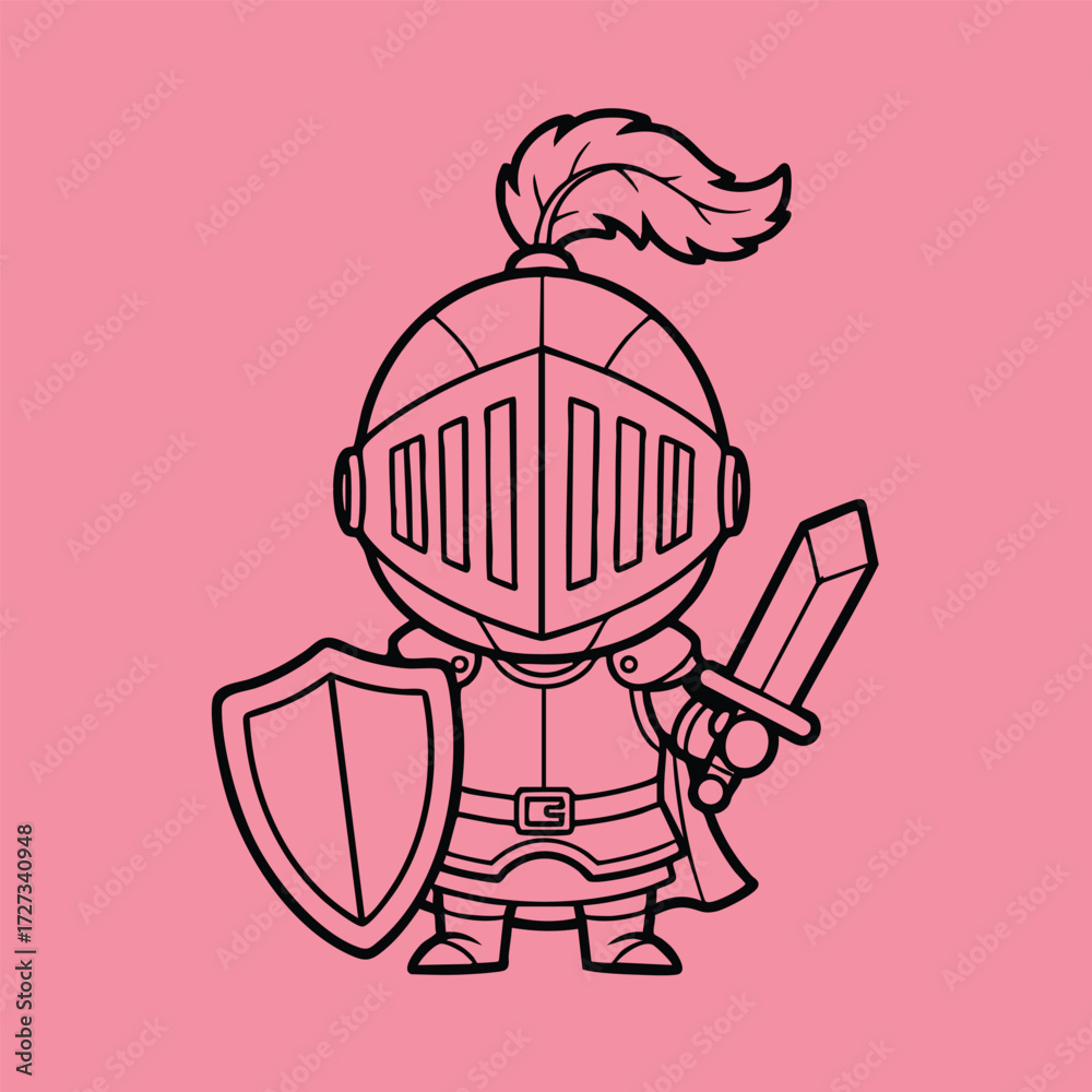 Fototapeta premium A playful cartoon knight character stands confidently with a sword and shield against a vibrant pink .
