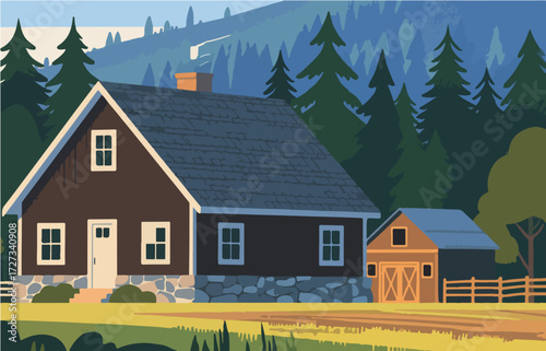 American style rural residential architecture and scenery, vector graphics