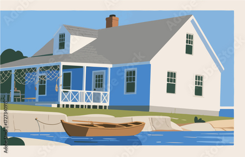 American style rural residential architecture and scenery, vector graphics