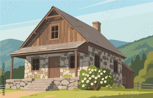 American style rural residential architecture and scenery, vector graphics