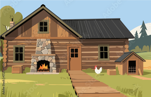 American style rural residential architecture and scenery, vector graphics