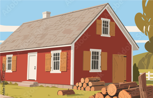American style rural residential architecture and scenery, vector graphics