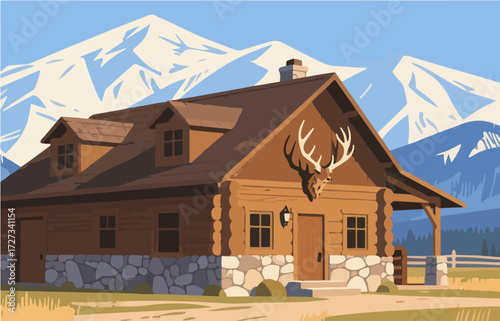 American style rural residential architecture and scenery, vector graphics