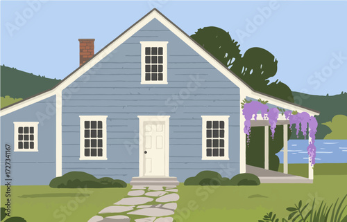 American style rural residential architecture and scenery, vector graphics