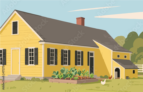 American style rural residential architecture and scenery, vector graphics