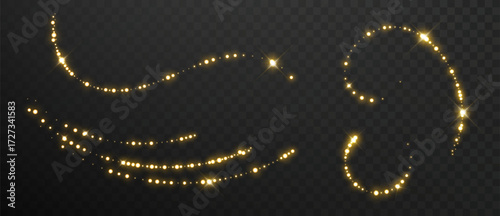 Magic gold dust trail with star sparkles. Glitter wave path and shimmer particles vector