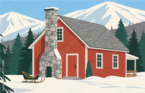 American style rural residential architecture and scenery, vector graphics