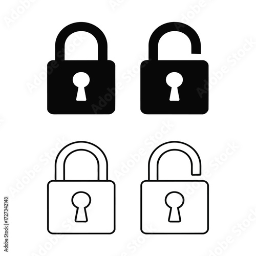 Minimal padlock icon set — vector symbols of locked and unlocked states in solid and outline styles for privacy, access, and security design