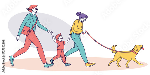 Family walking a dog