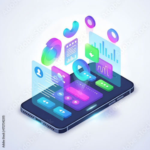 Wallpaper Mural Futuristic smartphone displaying holographic interface with glowing icons and data visualizations Torontodigital.ca