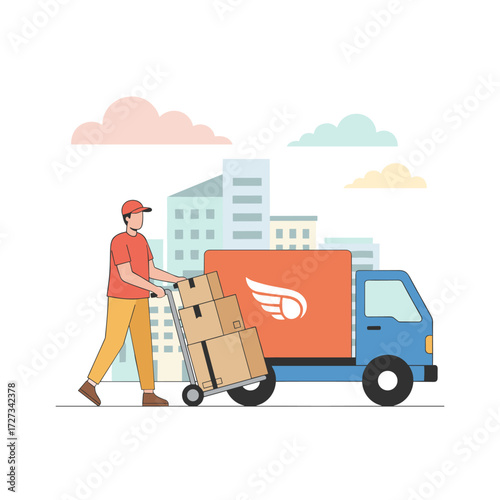 White delivery man pushing a trolley loaded with cardboard boxes