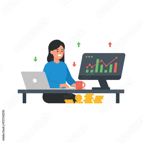 A girl examines the  market in a vector illustration concept