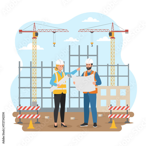 A real estate agent and builder inspecting a construction site—design a distinctive illustration for a website, app, or presentation