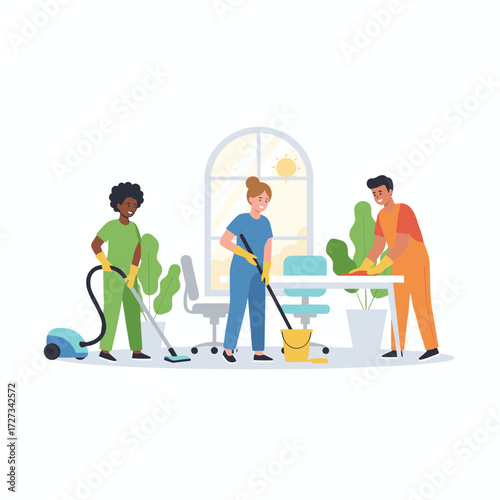 Illustration concept of a worker cleaning an office on a white background