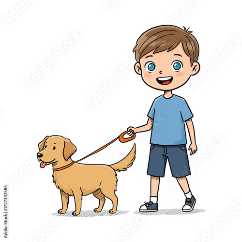 A happy cartoon boy with blue eyes walking his golden retriever dog on a leash against a white background.