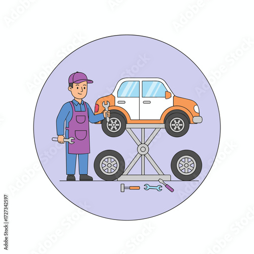 A mechanic inspects a car at an auto repair service center
