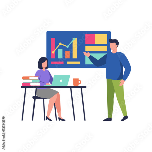 A businesswoman sits in a chair, listening to a presentation while a businessman delivers it, displaying charts and diagrams on the screen
